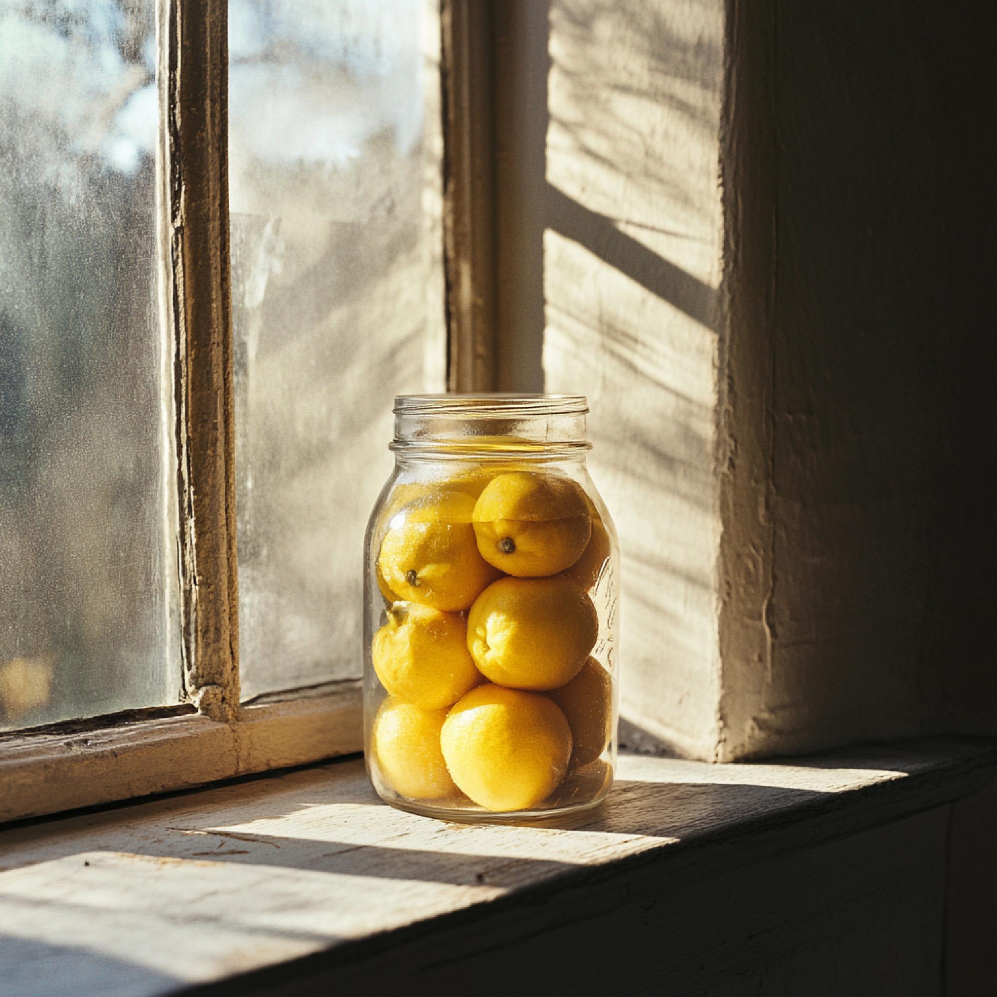 Close-up of preserved lemons in a jar with label