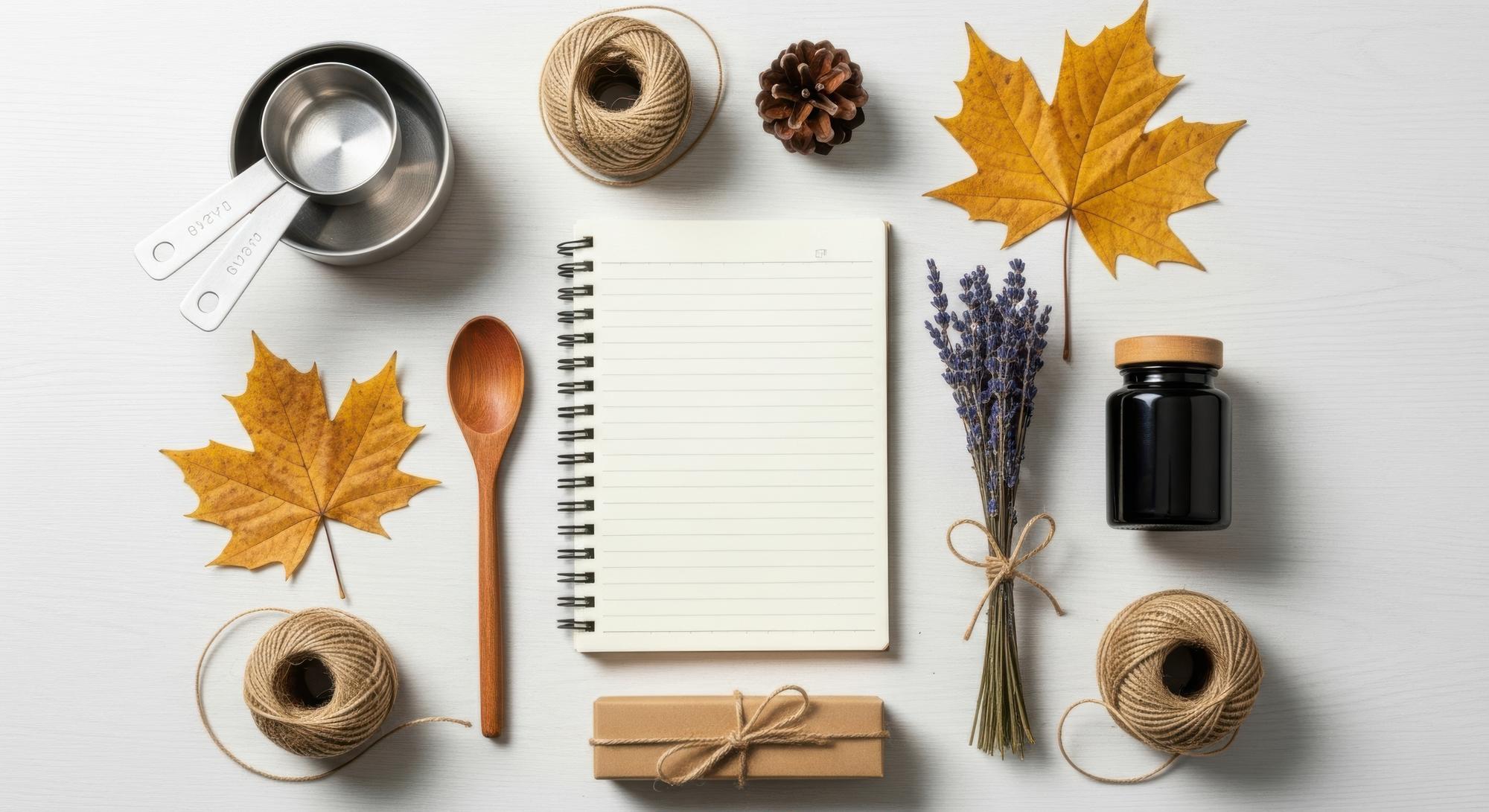 Flat lay of workshop materials: herbs, notebooks and utensils